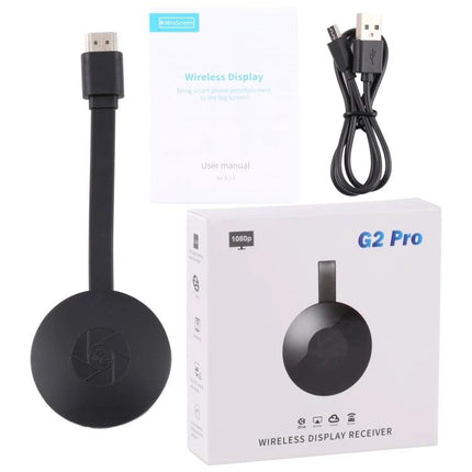 MiraScreen G2 Pro Wireless Screen Mirroring Adapter connected to HDMI with USB power cable, user manual and retail box