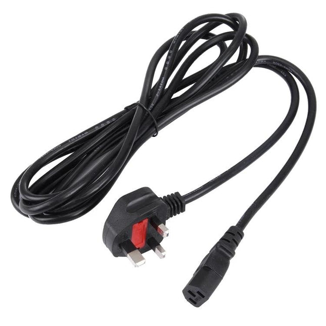 3-Meter UK Power Cable for Computers and Printers neatly coiled with UK plug and IEC connector, ideal for home office and printer setups