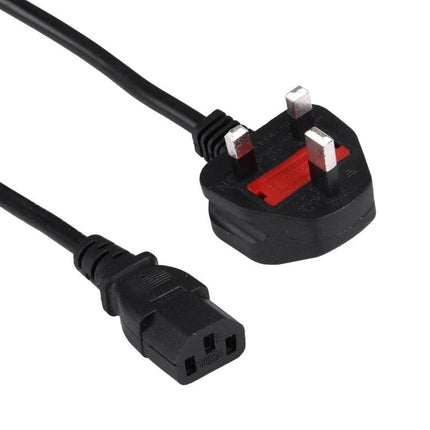 3-Meter UK Power Cable for Computers and Printers shown with UK three-pin plug and IEC connector for computers and printers