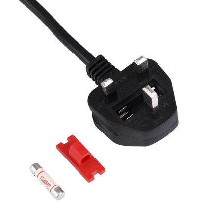 3-Meter UK Power Cable for Computers and Printers shown with UK three-pin plug, fuse and fuse holder for home office power extension