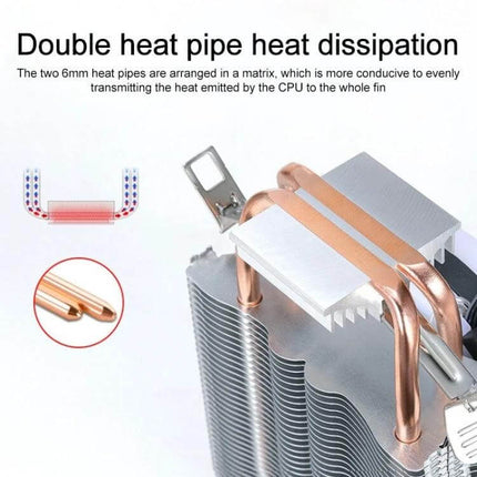 Quiet LED CPU Cooler Fan for Computer Cooling Systems showing double heat pipe heat dissipation with copper pipes and aluminum fins, rainbow LED accents