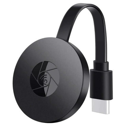 MiraScreen Wireless HDMI Dongle for TV Screen Mirroring - black circular wireless HDMI dongle with short HDMI cable for streaming and screen mirroring