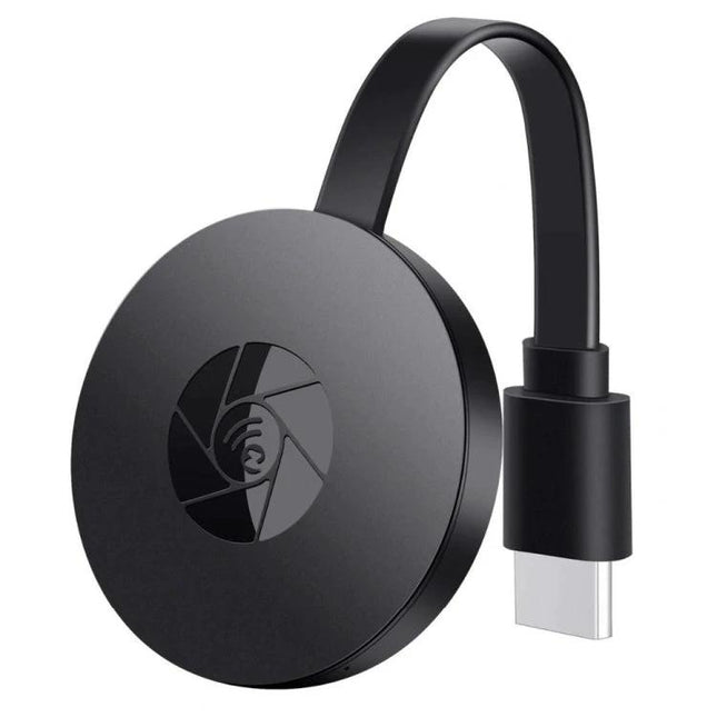 MiraScreen Wireless HDMI Dongle for TV Screen Mirroring - black circular wireless HDMI dongle with short HDMI cable for streaming and screen mirroring