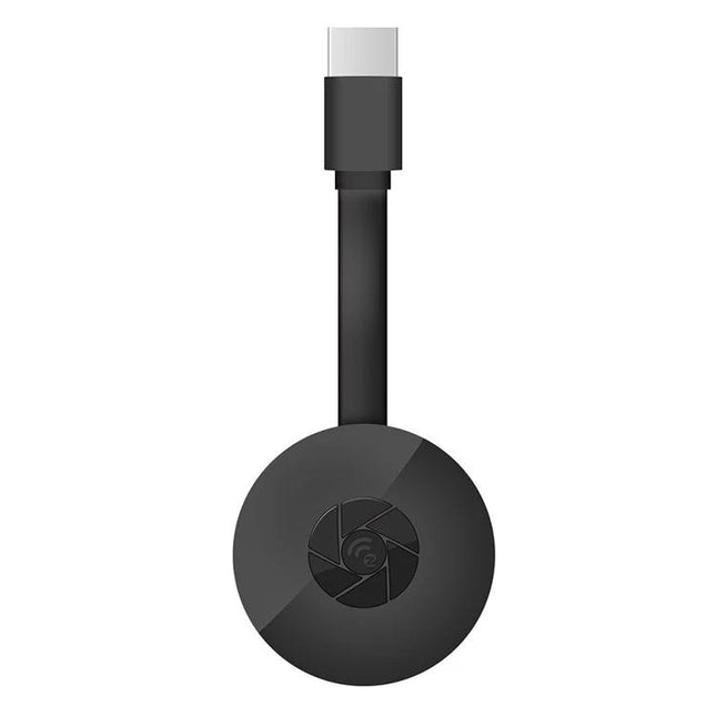 MiraScreen Wireless HDMI Dongle for TV Screen Mirroring in matte black, round dongle with HDMI cable for wireless screen casting