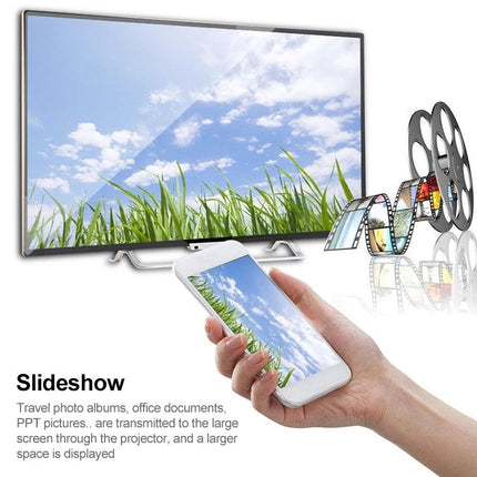 MiraScreen Wireless HDMI Dongle for TV Screen Mirroring showing phone streaming photos and slideshow to large TV