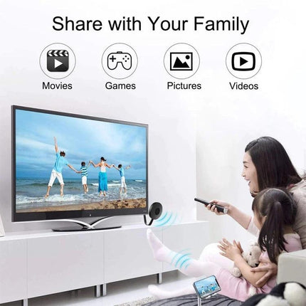 MiraScreen Wireless HDMI Dongle for TV Screen Mirroring showing family streaming movies and photos from phone to TV