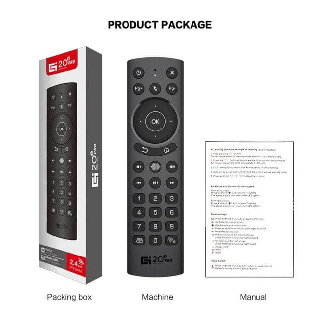 G20S Pro Voice Backlight Wireless Air Mouse Remote for TV Control shown with packaging, remote, and manual in product package image