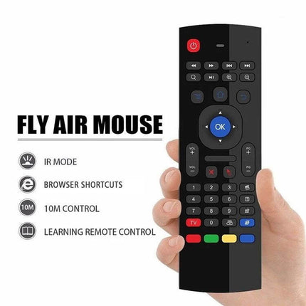 Wireless Air Mouse Remote with Voice Control and Keyboard handheld black air mouse remote showing full keyboard and navigation buttons