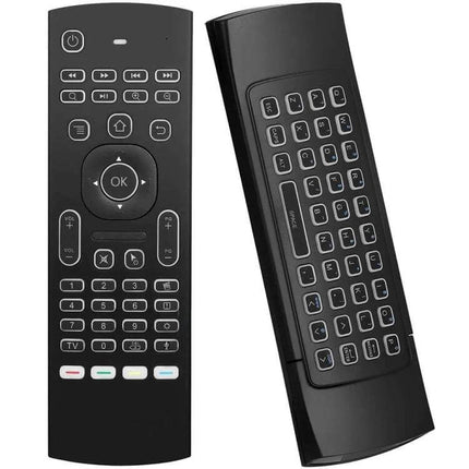 Compact Wireless Air Mouse Keyboard Remote with Voice Input and Backlight shown front and back, backlit keys and integrated keyboard for smart TV control