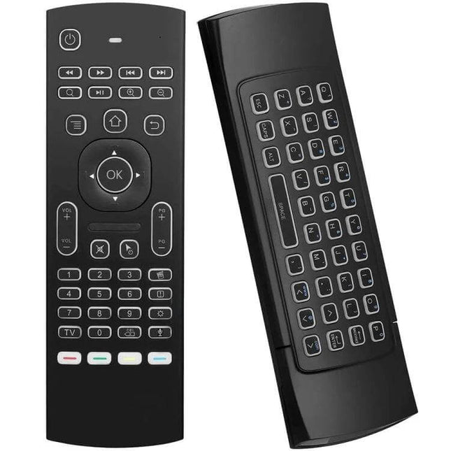 Compact Wireless Air Mouse Keyboard Remote with Voice Input and Backlight shown front and back, backlit keys and integrated keyboard for smart TV control