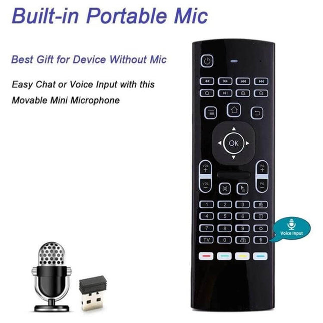 Compact Wireless Air Mouse Keyboard Remote with Voice Input and Backlight slim black remote control with backlight keys and built‑in mic for smart TV