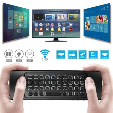 Compact Wireless Air Mouse Keyboard Remote with Voice Input and Backlight in hands shown controlling smart TVs and devices