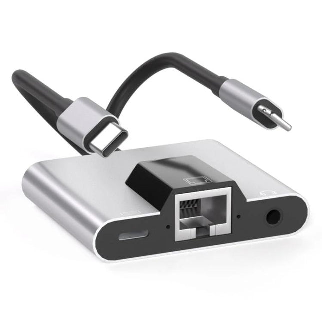 NK-1056Pro Adapter for Everyday Device Connectivity and Charging - compact hub with Ethernet port, USB-C charging and 3.5mm audio jack