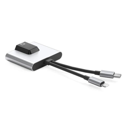 NK-1056Pro Adapter for Everyday Device Connectivity and Charging showing compact hub with Ethernet, charging and audio ports and dual USB-C cables