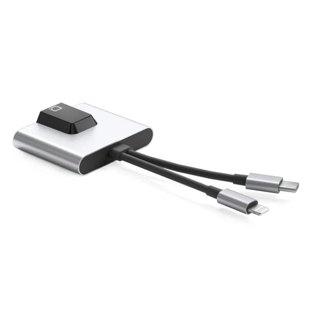 NK-1056Pro Adapter for Everyday Device Connectivity and Charging showing compact hub with Ethernet, charging and audio ports and dual USB-C cables