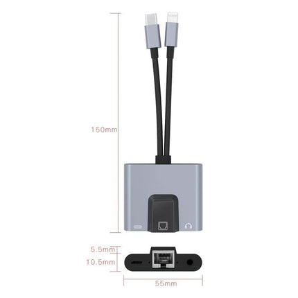 NK-1056Pro Adapter for Everyday Device Connectivity and Charging compact hub with Ethernet, charging and audio ports, pictured with cable dimensions