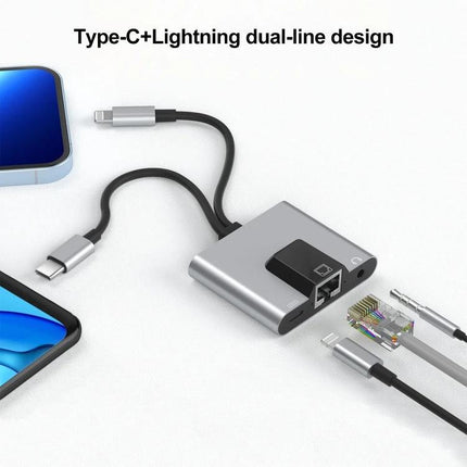 NK-1056Pro Adapter for Everyday Device Connectivity and Charging shown with Ethernet, USB-C, Lightning charging and headphone ports in compact hub