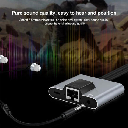 NK-1056Pro Adapter for Everyday Device Connectivity and Charging showing Ethernet port, 3.5mm audio jack and charging port with earbuds plugged in