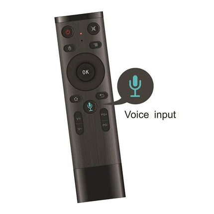 Wireless Remote Control with Voice and Gyroscope for TV and Computers — sleek black remote showing voice input and gyroscope navigation features
