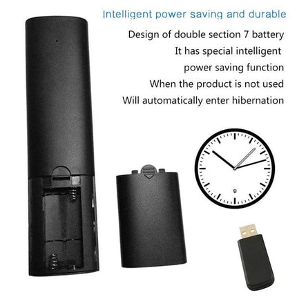 Wireless Remote Control with Voice and Gyroscope for TV and Computers showing open battery compartment, removable cover and USB receiver