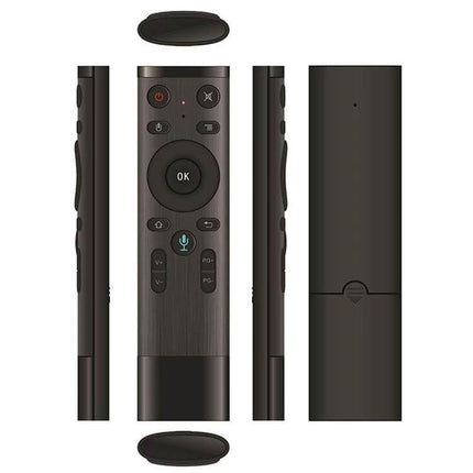 Compact Voice-Controlled Wireless Remote for TVs and Computers shown from multiple angles with 16-key layout and voice button