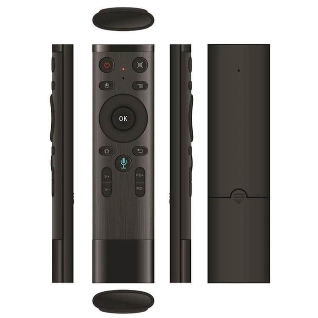 Compact Voice-Controlled Wireless Remote for TVs and Computers - slim 16-key black remote with voice button, volume/channel navigation and back view
