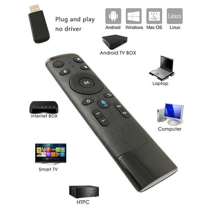 Compact Voice-Controlled Wireless Remote for TVs and Computers shown with USB dongle and icons for Android Windows Mac OS Linux compatibility