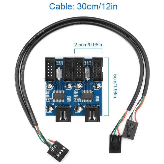 Rocketek USB 2.0 Hub Adapter for One-to-Four Splitting black cable and 4-port PCB hub for expanding USB connections on laptops and PCs