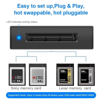 Rocketek CR311 USB 3.0 XQD Card Reader for Sony and Lexar Cards showing front slot, activity LED and compatible Sony and Lexar XQD cards
