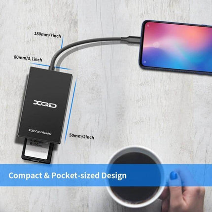 Rocketek CR311 USB 3.0 XQD Card Reader for Sony and Lexar Cards compact pocket-sized reader shown connected to smartphone with XQD card