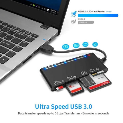 Rocketek Multi-Function Card Reader for Data Transfer connected to laptop with multiple SD and microSD cards for ultra speed USB 3.0