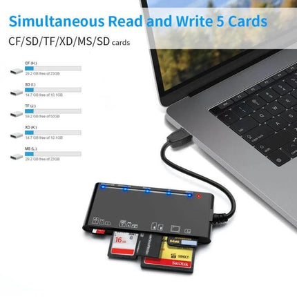 Rocketek Multi-Function Card Reader for Data Transfer connected to laptop with five memory cards inserted, showing simultaneous read/write and fast data transfer