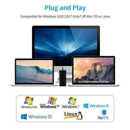 Rocketek Multi-Function Card Reader for Data Transfer shown plugged into multiple laptops and desktops for plug-and-play compatibility