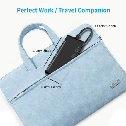 Rocketek Multi-Function Card Reader for Data Transfer slim black card reader shown slipping into a blue laptop bag, multi-slot portable design