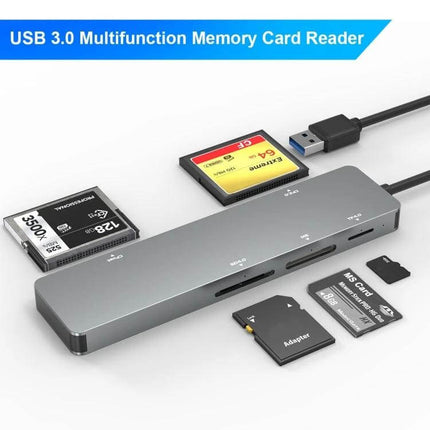 Rocketek Multi-Function Card Reader for SD and CF Cards showing USB 3.0 hub with multiple SD, CF and microSD slots and memory cards