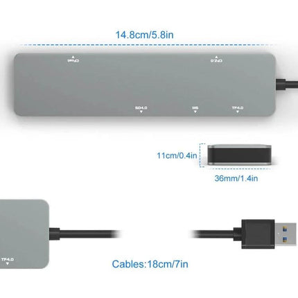 Rocketek Multi-Function Card Reader for SD and CF Cards compact grey hub with multiple card slots and USB cable, measurements shown
