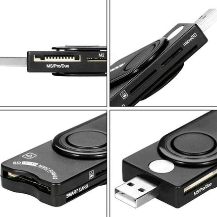 Rocketek Multi-Card Reader for Smart and Memory Cards showing USB swivel, microSD and smart card slots