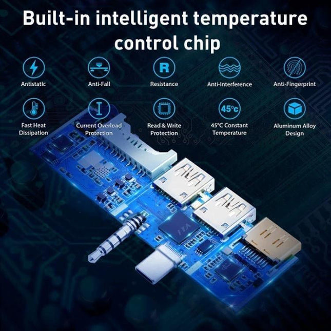 Rocketek USB-C Hub Adapter for Surface Pro GO Devices showing aluminum alloy board with USB, HDMI, SD ports and temperature control chip