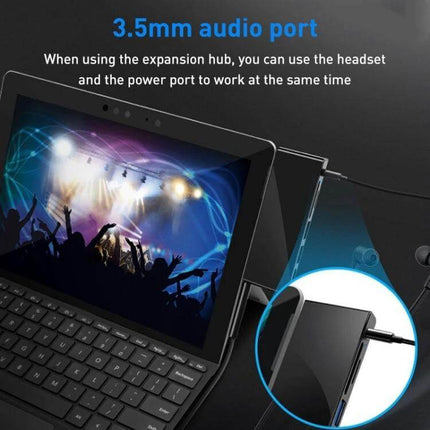 Rocketek USB-C Hub Adapter for Surface Pro GO Devices connected to Surface Pro GO showing 3.5mm audio port and external display