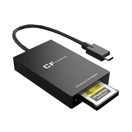 Rocketek CFexpress Type B Card Reader with Type-C Port plugged into USB-C cable with CFexpress card inserted, compact black desktop reader for fast transfers