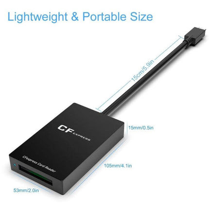 Rocketek CFexpress Type B Card Reader with Type-C Port in compact black design showing dimensions and USB Type-C cable