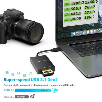 Rocketek CFexpress Type B Card Reader with Type-C Port connected to laptop transferring high-resolution camera files via USB-C
