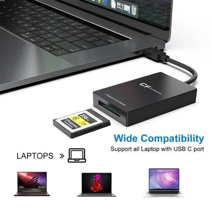 Rocketek CFexpress Type B Card Reader with Type-C Port connected to laptop for fast CFexpress file transfers