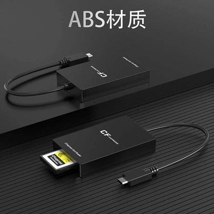 Rocketek CFexpress Type B Card Reader with Type-C Port compact black USB-C card reader with CFexpress Type B card inserted