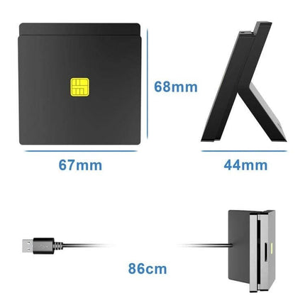 Rocketek Dual Smart Card and SIM Reader for Everyday Access USB smart card reader with dimensions 67x68x44mm and 86cm cable
