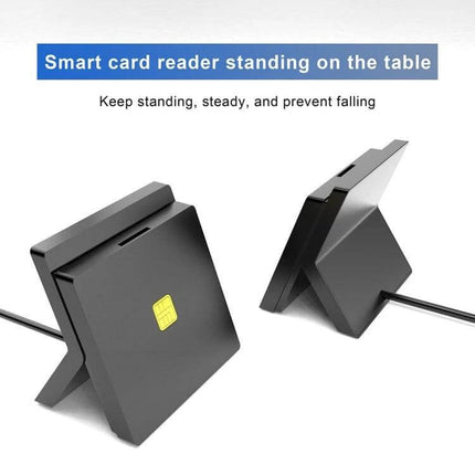 Rocketek Dual Smart Card and SIM Reader for Everyday Access black angled USB card reader standing on table with inserted smart card