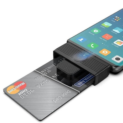 Rocketek Type-C Smart Card Reader for SIM and ID Cards connected to smartphone showing SIM and debit card access
