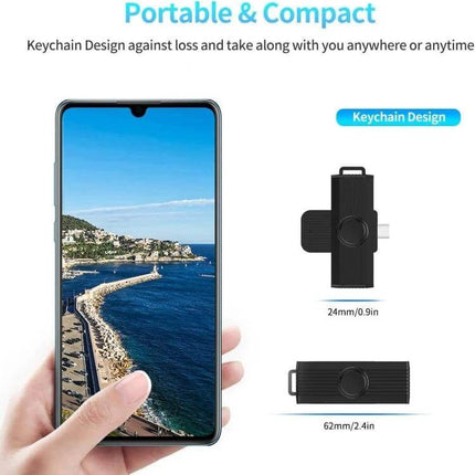 Rocketek Type-C Smart Card Reader for SIM and ID Cards compact keychain USB-C reader shown next to smartphone, portable 62mm x 24mm