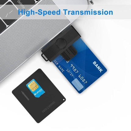 Rocketek Type-C Smart Card Reader for SIM and ID Cards connected to laptop with bank card and SIM adapter showing high-speed transmission