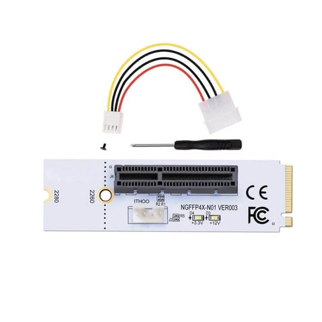 PCI-E Graphics Card Riser Adapter for Bitcoin Mining Systems - M.2 NGFF to PCI-E x4 riser with power cable and screwdriver for improved airflow and heat reduction